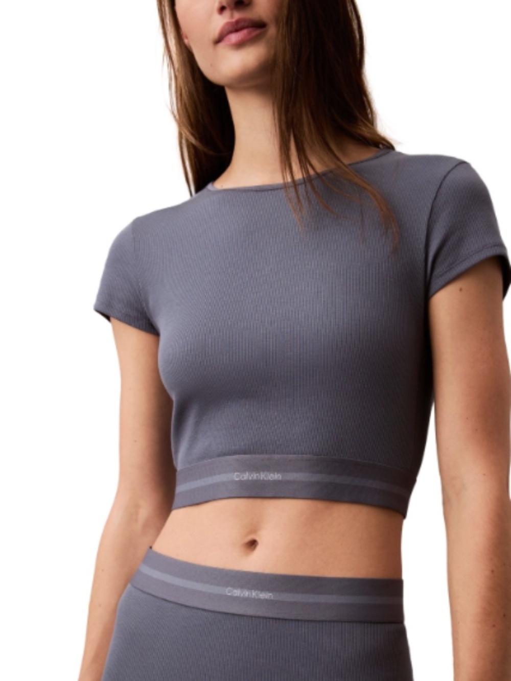 Calvin Klein Women's Cotton Stretch Rib Cropped Tee Blue Size L 11376